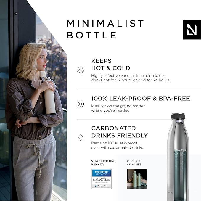 LARS NYSØM Stainless Steel Insulated Water Bottle 12oz 17oz 25oz 34oz 51oz | BPA-free Insulated Thermo Flask for Hot and Cold Beverages | Leakproof Drinking Bottle (Stainless Steel, 25oz)