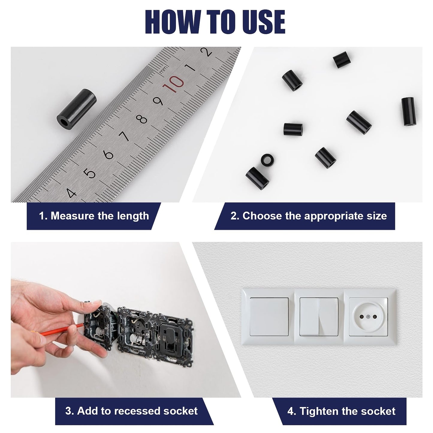 345 Pcs Black Nylon Electrical Outlet Spacers Kit - Non-Threaded Round Plastic Spacers for Switch & Receptacle Screws, Secure Fit Spacer Assortment for Outlet Installation