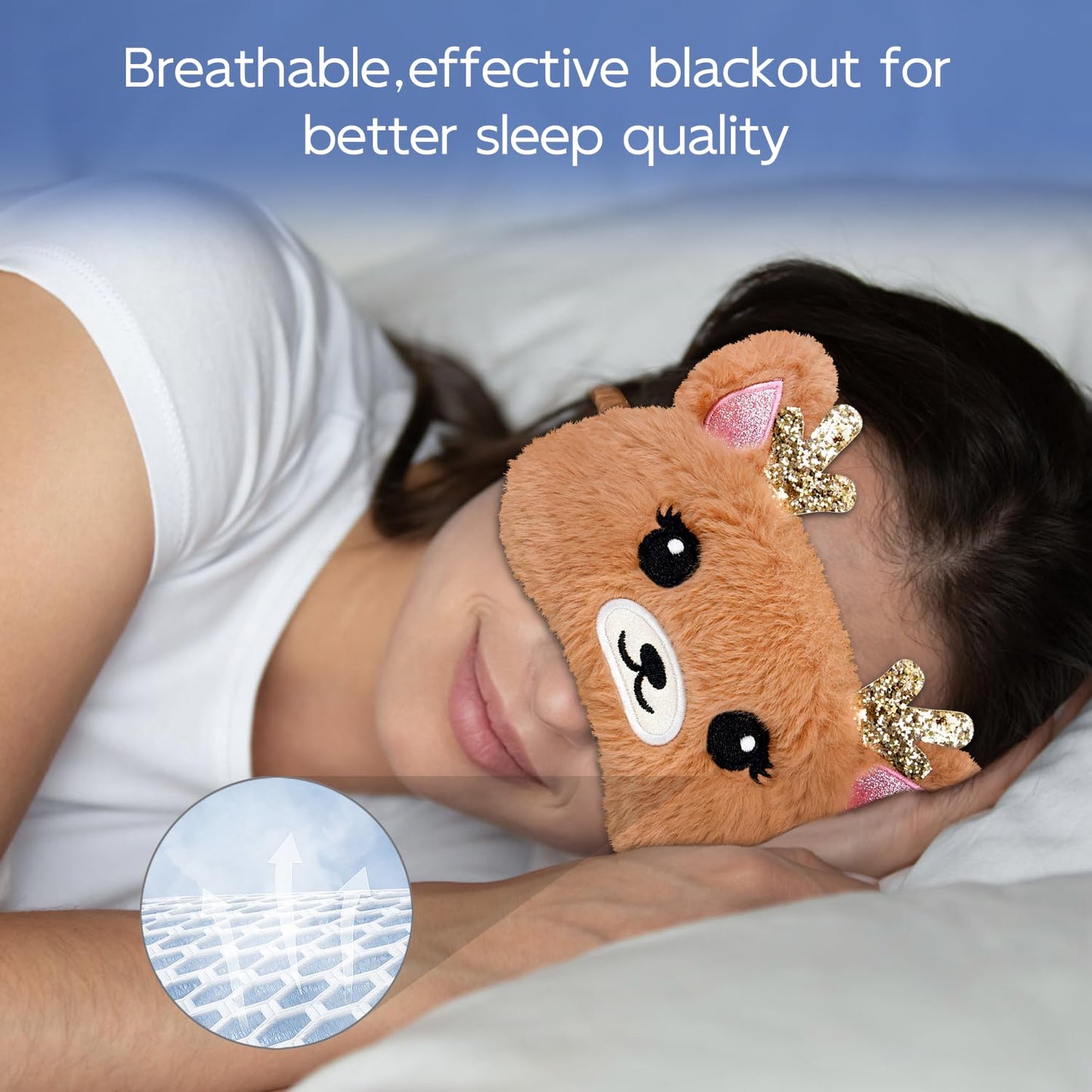 VHOPMORE Cute Animal Sleeping Mask Sleep Mask, Xmas Reindeer Soft Plush Eye Mask for Travel Nap Funny Rudolph Blindfold Eye Cover Eyeshade for Adult Kids Girls Teens Men Women - Reindeer, Gold & Brown