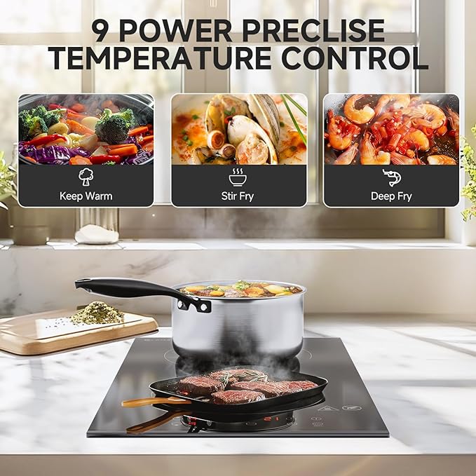 AMZCHEF Induction Cooktop 2 Burners, 12 Inch Bulit-in & Countertop Induction Stove with Plug 110V-120V, 9 Power Levels Electric Stove 1800W, Child Lock, Timer, Touch Control for Fast Cooking
