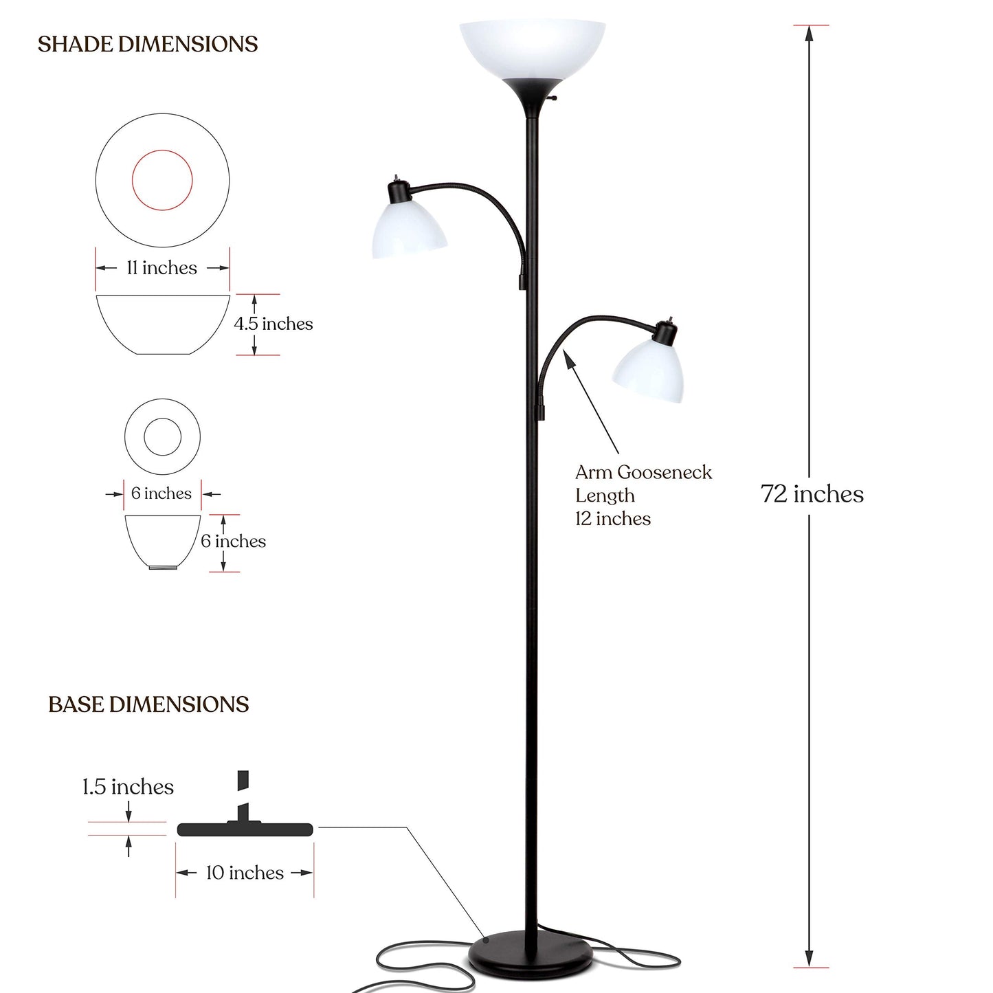 Brightech Sky Dome Double Led Floor Lamp - Dimmable Black Torchiere With 2 Reading Lamps For Living Rooms & Offices - Model Fl-Dme2-Blk
