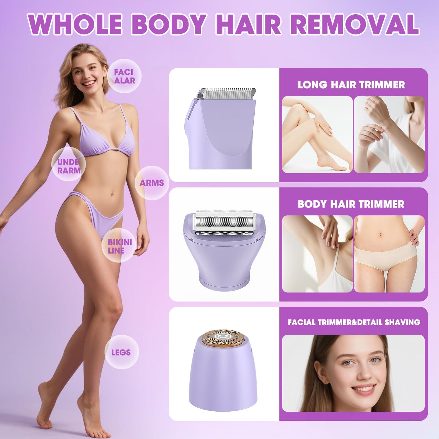 Bikini Trimmer Electric Razors for Women,3 in 1 Body Hair Removal Kit for Face,Pubic,Arm, Leg, Armpit, Bikini Trimmer,Painless I