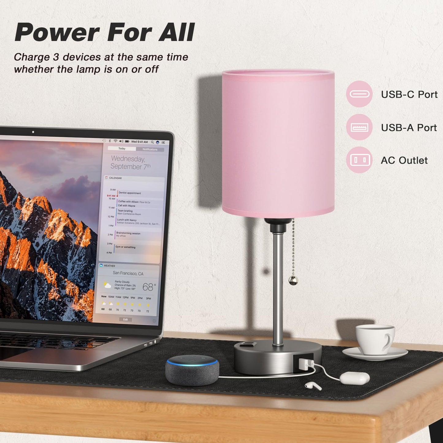 Dicoool Pink Bedroom Lamp - 3 Color Temperatures, USB C & A Ports, 14.6in, Silver Metal Base, Model 15-11