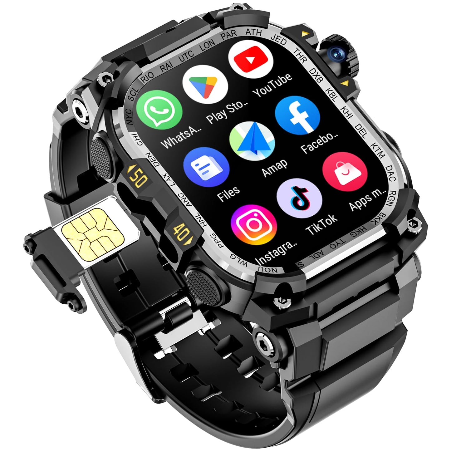 4G SIM Card Android Smartwatch with GPS & WiFi, Military Outdoor Watch for Men, App Downloadable, 2.06" AMOLED Large Screen for Video Chat, HD 180° Rotatable Camera, Health Activity Tracker (Black)