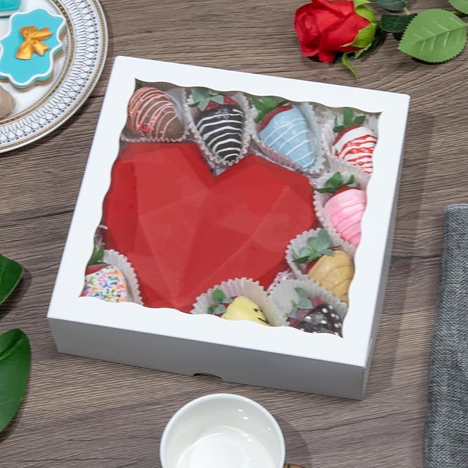 White Bakery Boxes (6pcs, 9x9x2.5 Inches) – For Valentine's & Christmas: Ideal for Cookies, Pie, Chocolate Covered Strawberries, Breakable Heart & Charcuterie
