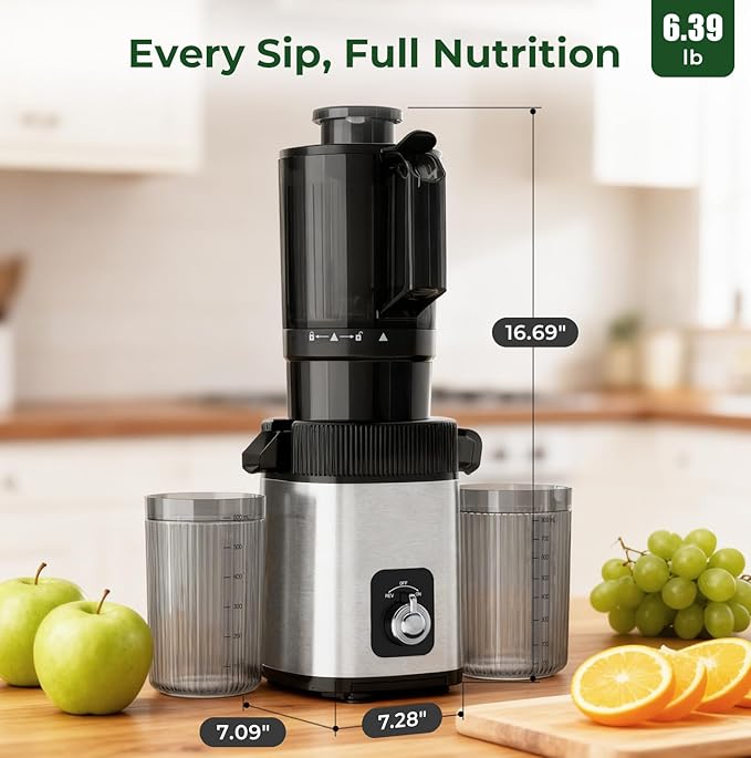 Cold Press Juicer Machine, 4.4" Wide Feed Chute, Slow Masticating Juicer for Whole Vegetables & Fruits, Easy to Clean Stainless Steel Juice Press, Dishwasher Safe, High Juice Yield
