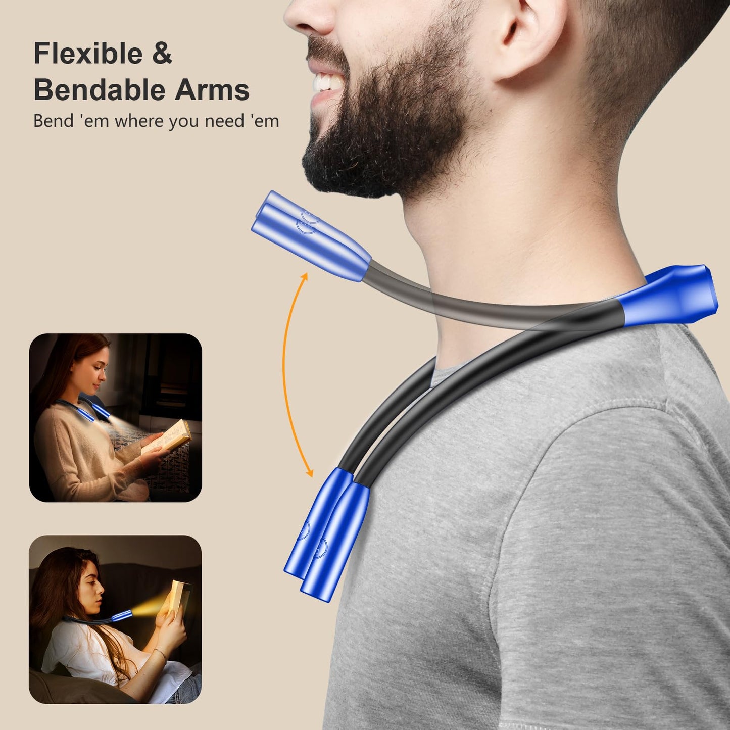 Gritin LED Neck Reading Light, Dimmable Brightness, 3 Colors, Compact, Dark Blue, Model G1337
