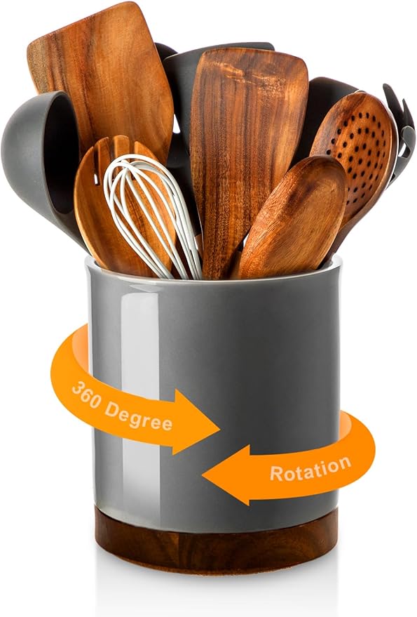 Nucookery 360° Rotating Utensil Holder, 7.2" Large Utensil Crock, White Ceramic Cooking Utensil Organizer with Countertop-Protection Cork Bottom for Farmhouse Kitchen Decor Gift (Gray)
