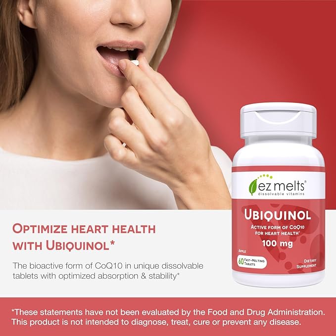 EZ Melts Dissolvable Ubiquinol 100mg, Active Form of CoQ10, Heart Health Supplements for Men & Women, Sugar-Free, 2-Month Supply