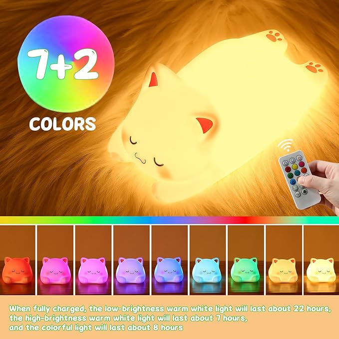 Tremdwoto Cat Night Light for Kids,Cute 7 Colors Baby Girl Squishy Night Lights Lamp with Timer Kitty Light Dimmable Nursery Lamp USB Charging Bedroom Deco Nightlight r，Gifts for Boys and Girls