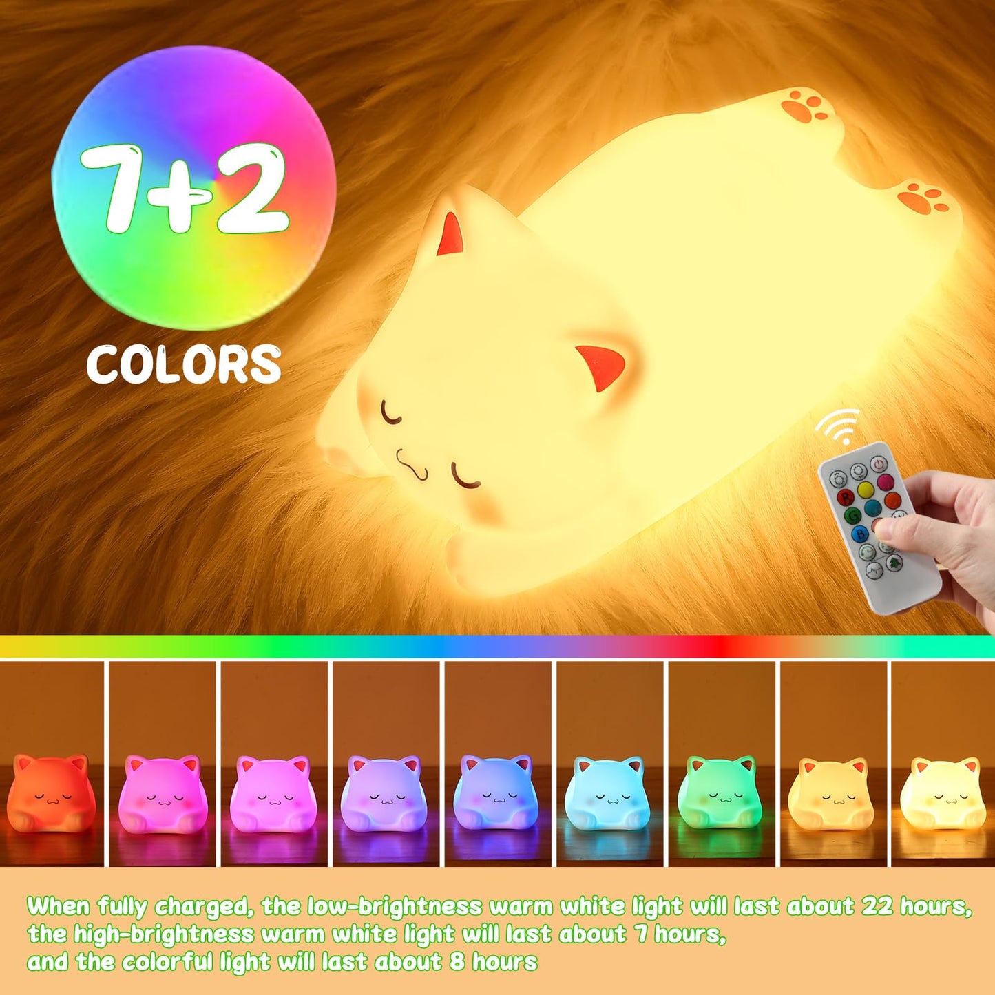 Loveruis Cute Night Light For Kids Cat Night-Light Baby Girl Squishy Nightlight 1/3 Hour Timer Kitty Light Dimmable Nursery Lamp Colorful Nightlight Gift For Kid Toddler Kawaii Bedroom (Cat)