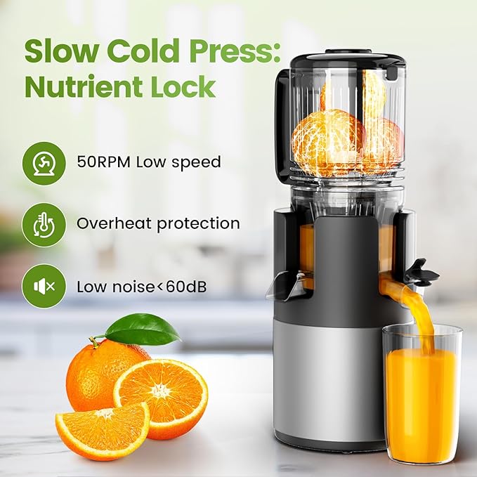 Cold Press Juicer, Juicer Machines 5.3"Wide Feed Chute for Whole Fruits & Vegetables, Electric Juicer of Pulp Separation with 99% High Juice Yield, Preserves Nutrients, Easy to Clean, BPA Free