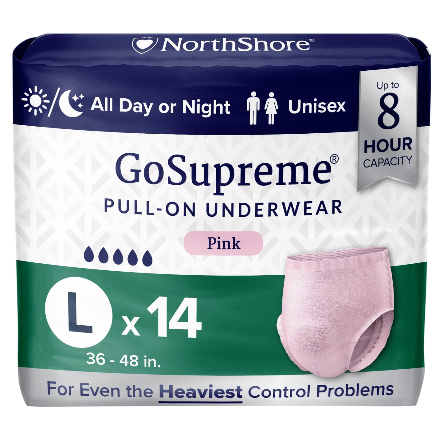 NorthShore GoSupreme Overnight Pull-On Underwear, 8-Hour Leak Protection, Large, 14-Count Bag, Pink, (36-48 in Waist), Unisex Adult Diapers