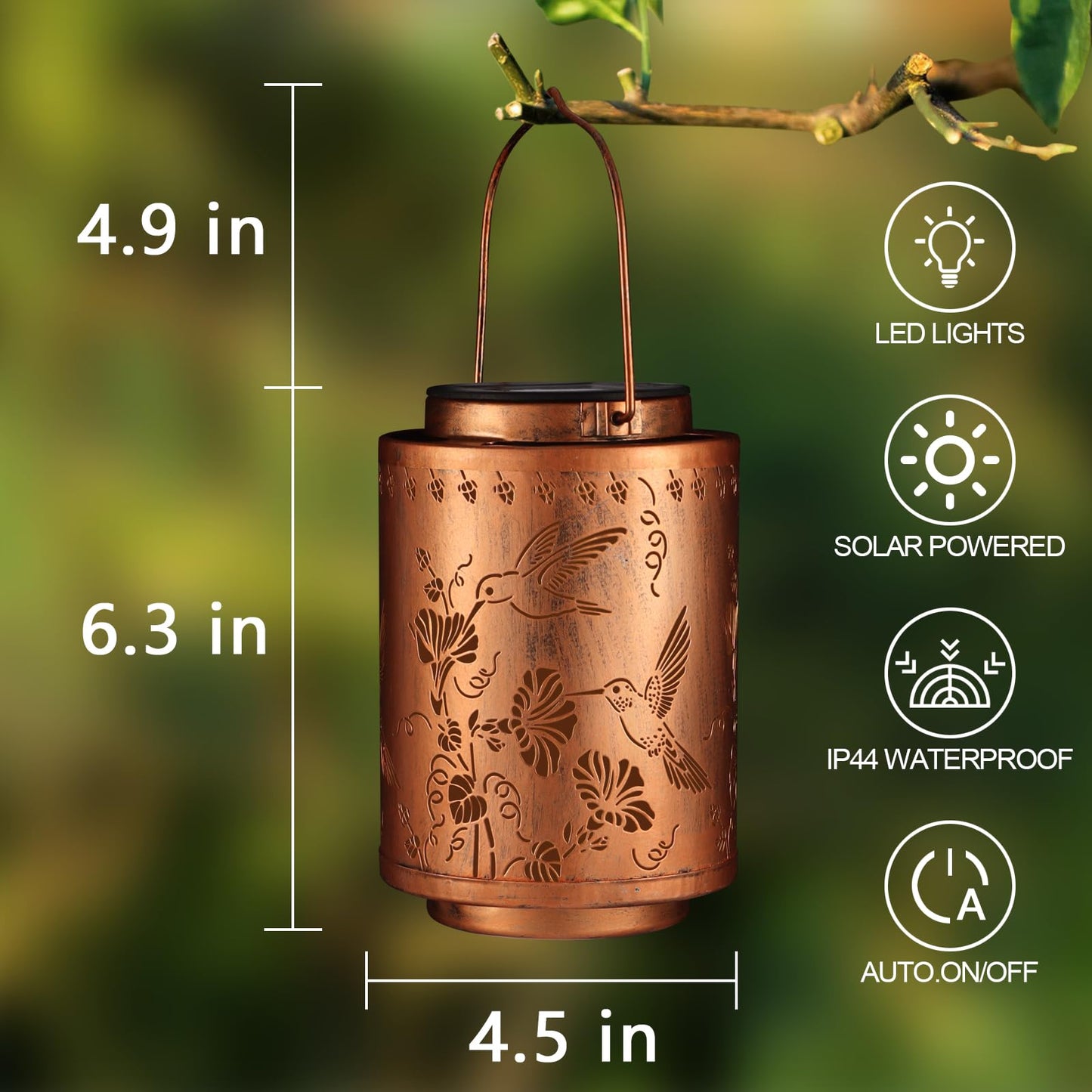 Tepaken Solar Lantern - Outdoor Waterproof Metal Hanging Light for Garden Decor, Hummingbird-205, Gold