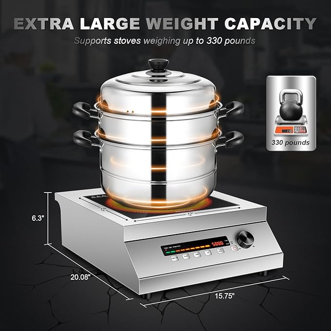 5000W 240V Commercial Induction Cooktop, High Power Induction Electric Stove, Countertop Burner with Press/Knob Controller, LED Strip Display (with 2p Miniature circuit breaker, No Plug)