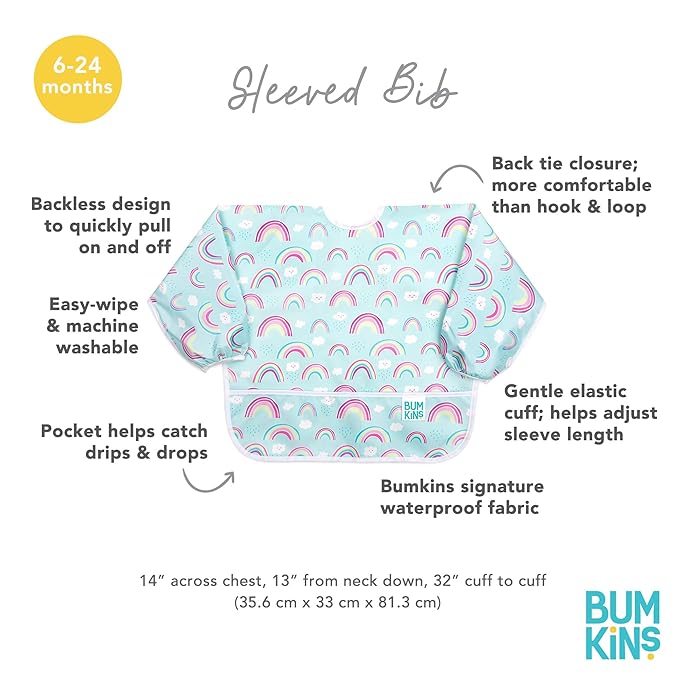 Bumkins Sleeved Bib, Waterproof Fabric, Unicorns & Rainbows, 2-pack