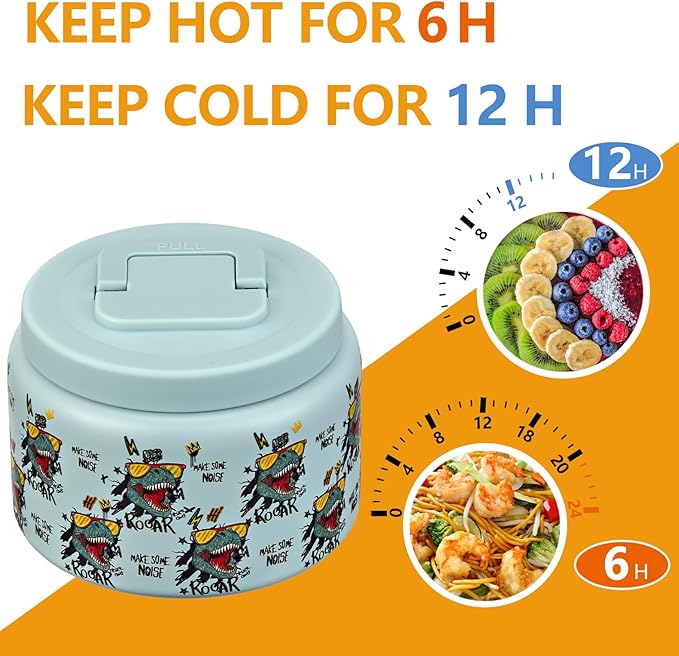 PIQUEBAR 8oz Kids Thermo for Hot Food,Small Lunch Thermos Food Container Stainless Steel,Easy Open Wide Mouth Thermo for Hot Cold Food for Preschool Travel (Blue Dinosaur)