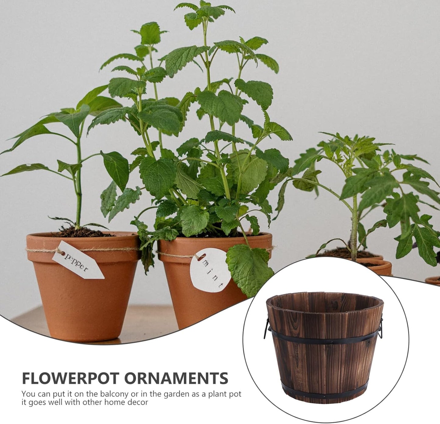 Vaguelly Rustic Wooden Barrels Planters Whiskey Barrels Bucket with Handle, Flower Planter Plant Pots Container Water Wishing Well Pail Garden Backyard Outdoor Indoor Decor
