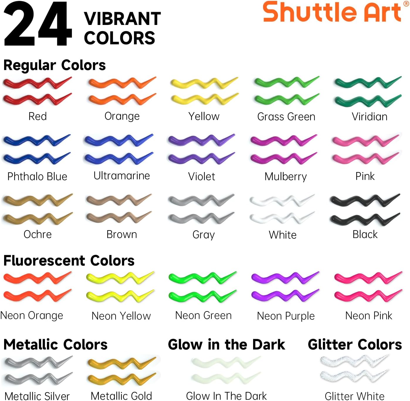 Shuttle Art Fabric Paint, 24 Colors 3D Permanent Paint with Brushes Palette Pen Fabric Sheet Stencils, Glow in The Dark, Glitter, Metallic Colors for Textile Fabric T-shirt Jeans Glass