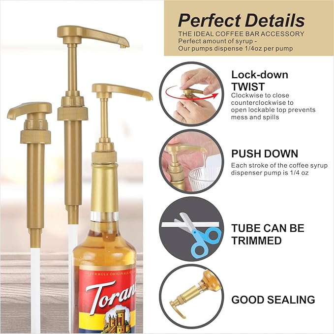 6 Pcs Coffee Syrup Pump Dispenser - Premium Skinny Syrup Pumps Fit for 25.4oz Torani Davinci Syrup Bottles (Gold)