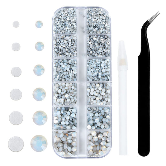 4240Pcs White Opal Flatback Rhinestones 6 Sizes Crystal Diamonds for Nail Art Crafts Clothes Shoes with Tweezers and Picking Pen