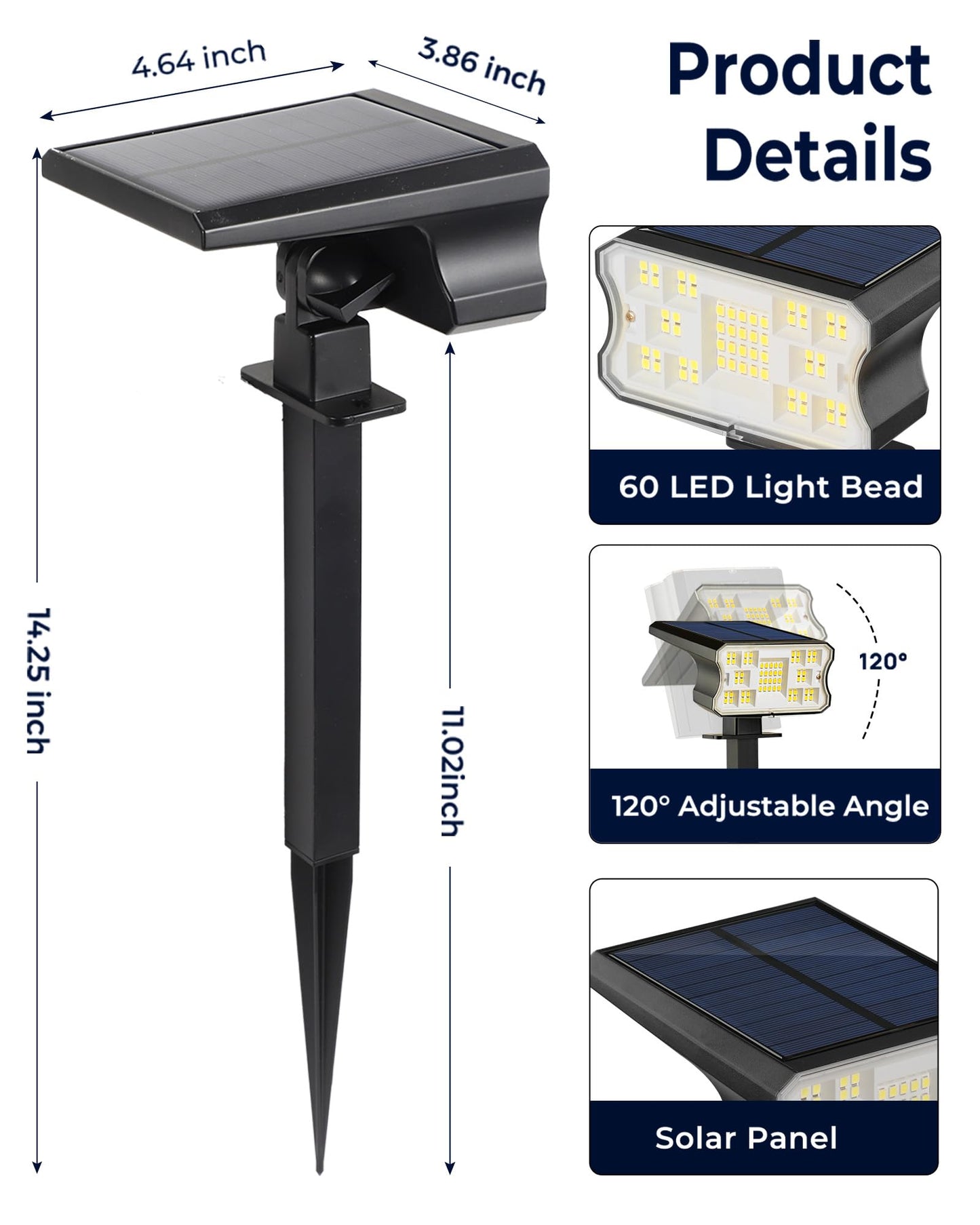 HGGH Solar Lights Outdoor Waterproof IP67, 60 LED 3 Lighting Modes Solar Spot Lights Outdoor for Yard Garden Pathway Landscape, Auto On/Off, Function 2 in 1(Cool White, 4 Pack)