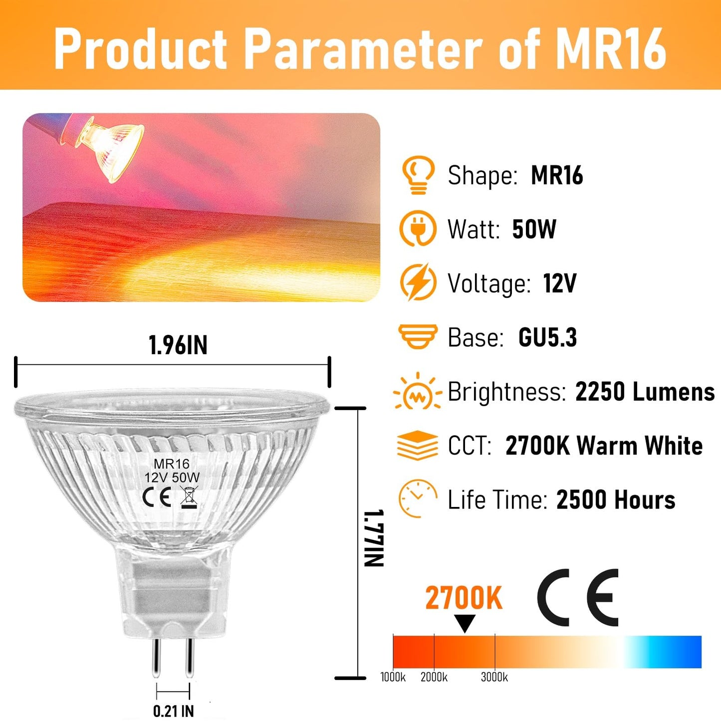 Jaenmsa MR16 Halogen Bulbs 50W,6 Pack 12V 50W MR16 Light Halogen Bulbs 2 Pin GU5.3 Base Dimmable with Clear Glass Cover,High Output 2700K Warm White mr16 Light Bulb for Landscape Lights, Track Lights