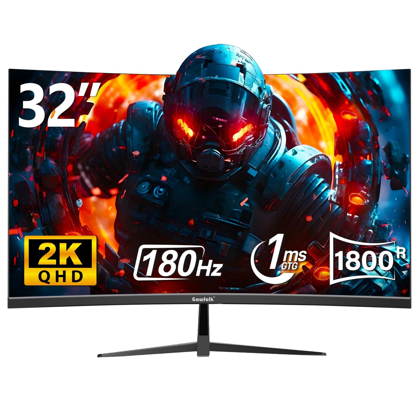 Gawfolk 32 Inch Curved Gaming Monitor, 180Hz 1500R QHD (2560x1440) 2K Computer Monitor with FreeSync, DisplayPort, HDMI, Wall Mountable, Eye Care for Home Office & Gaming