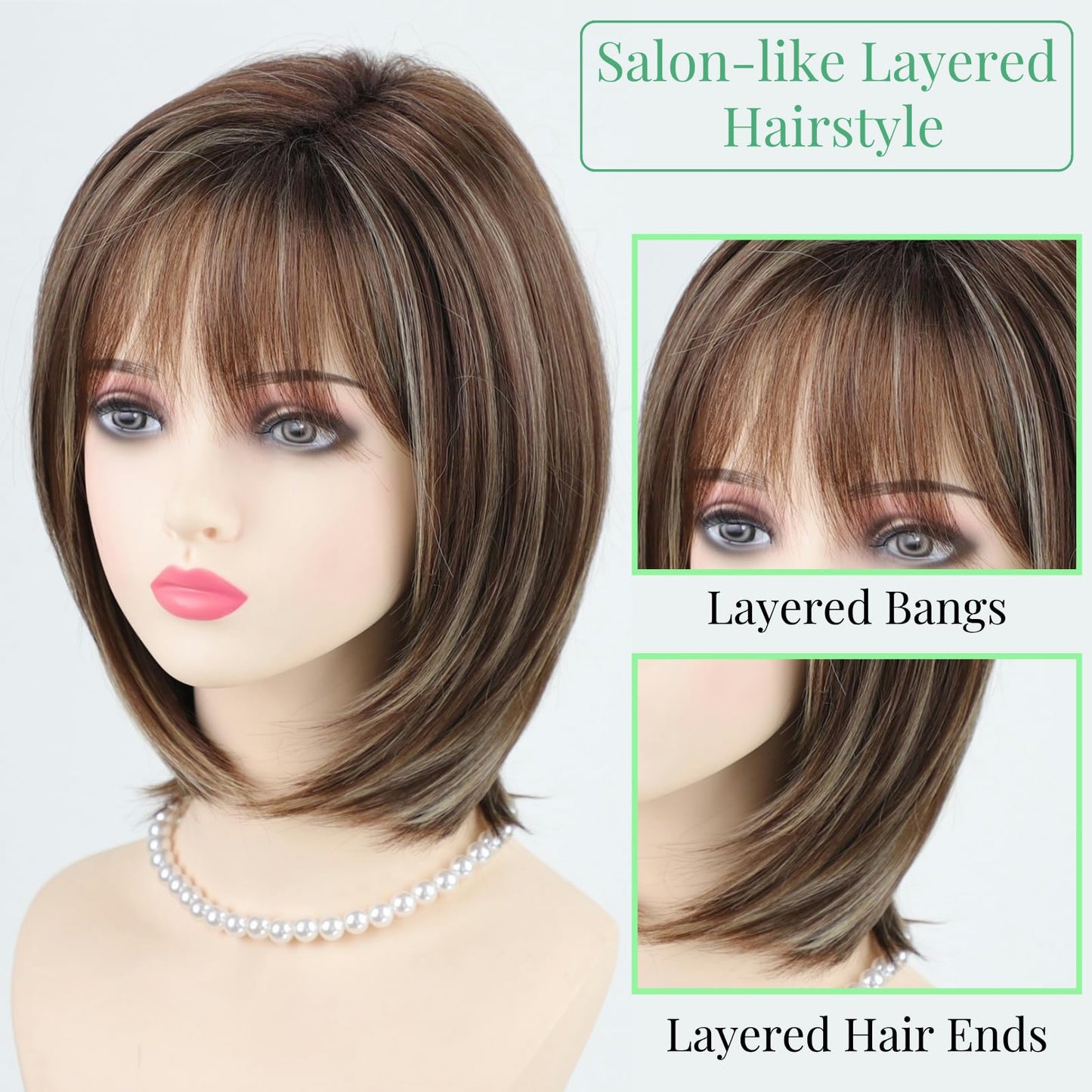 RENERSHOW Ombre Brown with Blonde Highlights Layered Bob Wig with Bangs Medium Length Straight Bob Wigs for Women 12inch Synthet