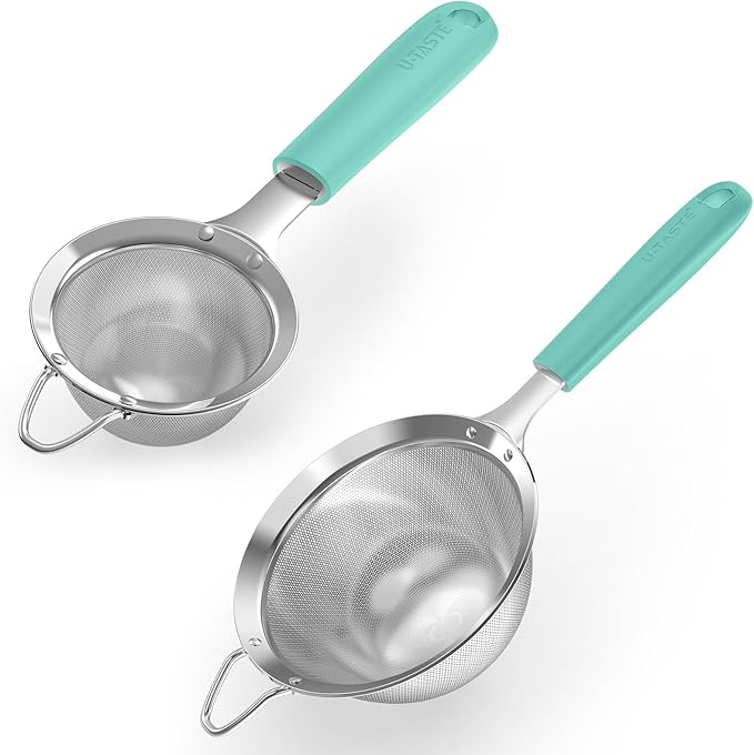 U-Taste Fine Mesh Food Strainer: 18/8 Stainless Steel 30 Mesh Kitchen Sieve with Sturdy Riveted Silicone Handle, Heavy Duty Deep Handheld Metal Colander (Small/3.35in+Medium/4.73, Aqua Sky)