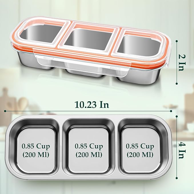QCQHDU Bento Lunch Box Stainless Steel Snack Containers, Reusable Stainless Steel 3-Compartment Condiment Metal Bento Lunch Box with Lids, Divided Snack Food Storage Lunchable Containers, 1 Pack