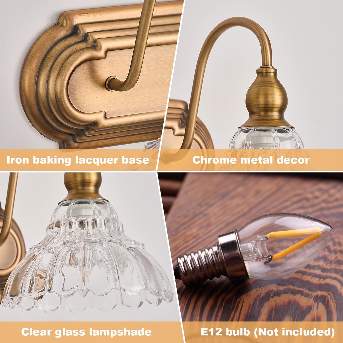 Tlolgt Vintage 3-Light Bathroom Vanity Lighting Fixtures Modern Wall Sconces Brass Glass Retro Vanity Light For Bedroom  Bathroom  Doorway  Farmhouse  Hallway
