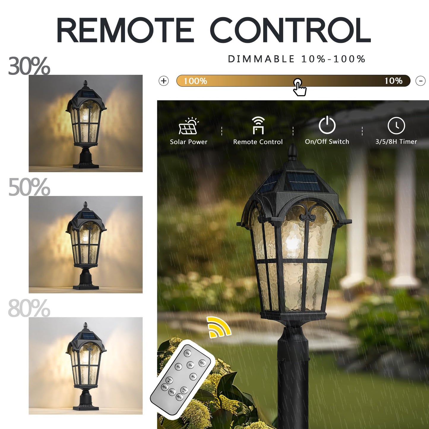 Emliviar Outdoor Solar Lamp Post Light, 22.1in Aluminum, Vintage Design, Black Finish, Water Grain Glass Shade, Model YXE302MP-SL BK