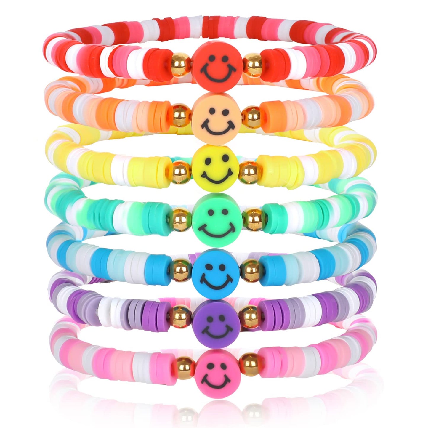 Rainbow Beaded Bracelets for Women Colorful Smiley Face Bracelets Set Bohemian Stackable Stretch Elastic Surfer Heishi Clay Bead