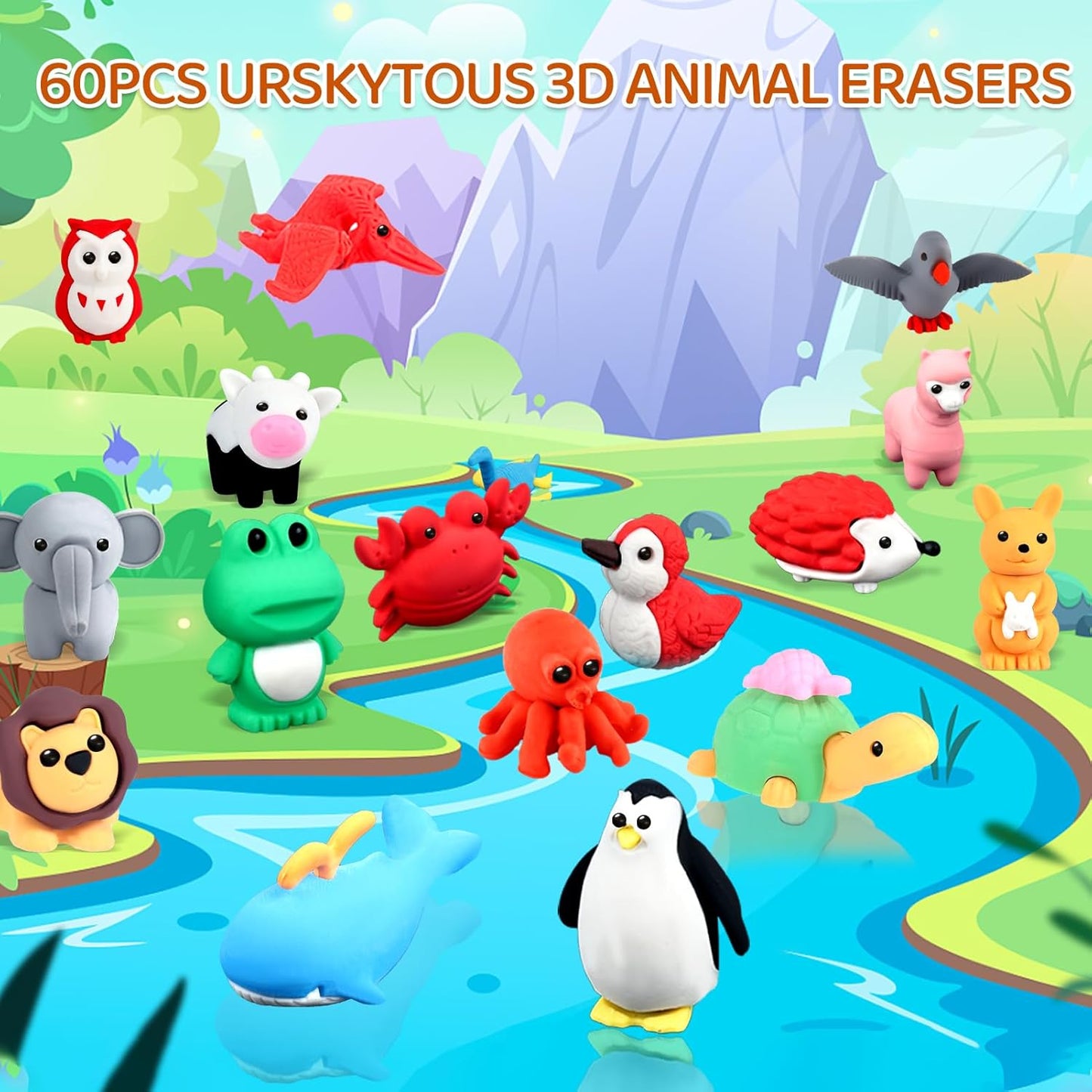 60Pcs Animal Erasers Kids Desk Pets Pencil Erasers 3D Puzzle Bulk Mini Animal Eraser Toys Fun Cute Eraser for Classroom Rewards, Game Prizes, Treasure Box, Easter Egg Fillers