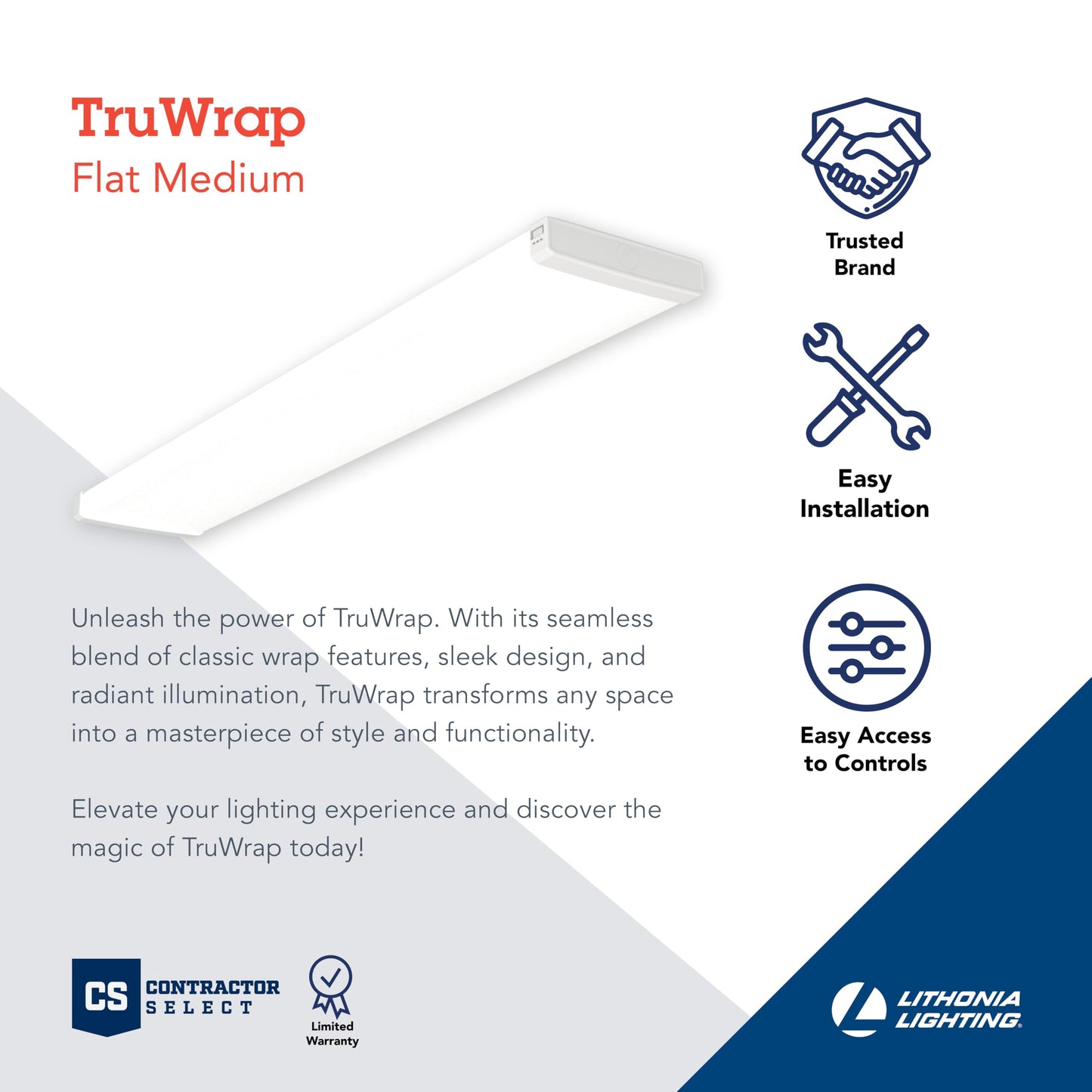 Lithonia Lighting Truwrap 4 Foot Led Ceiling Light Fixture  Low-Profile Wraparound Led Shop Light  Adjustable Lumens  Selectable Warm White/Cool White/Daylight Color  Flat Diffuser  Medium Width