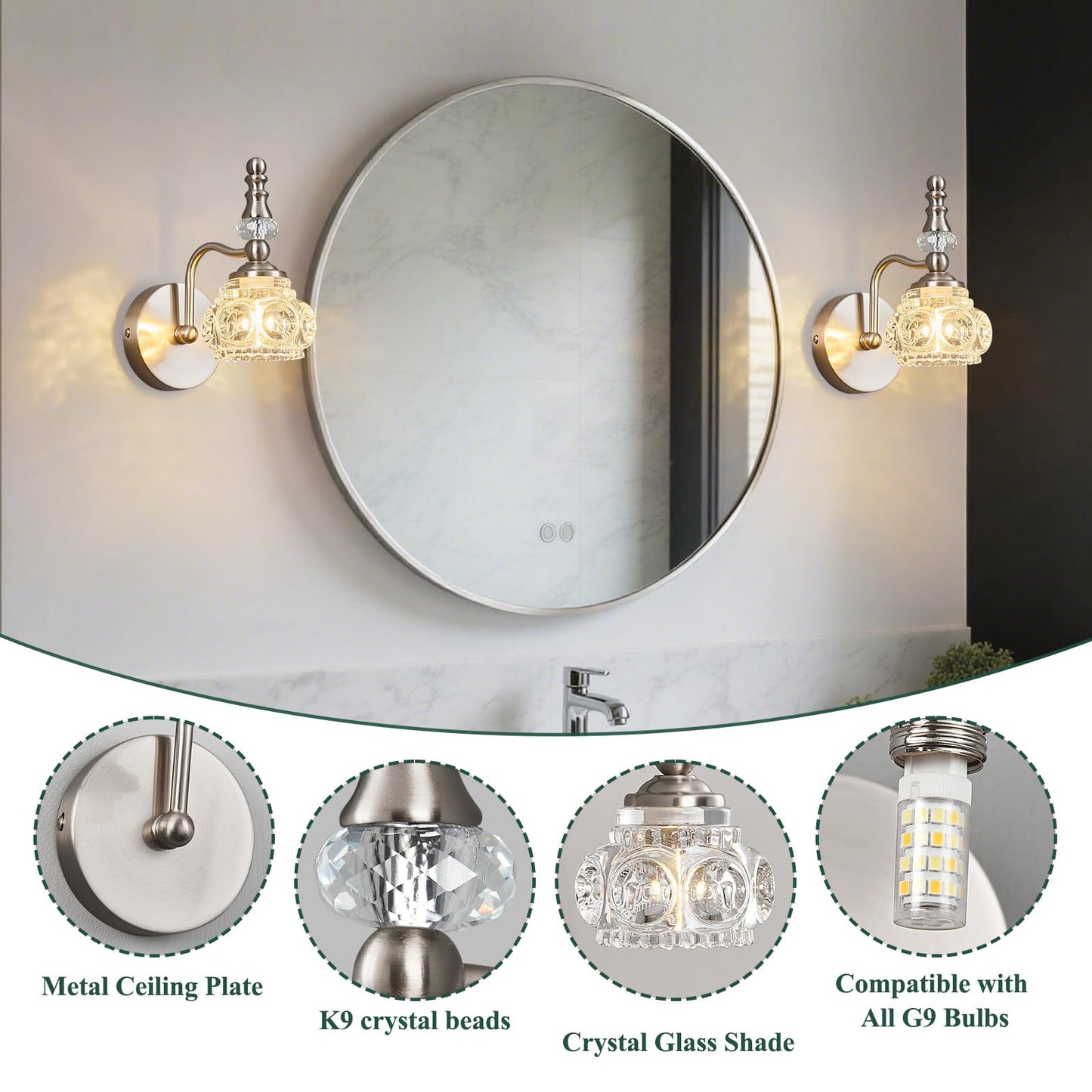 Lbsqj Modern Wall Sconce Set Of Two Indoor Wall Lamp Nickel Vintage Wall Sconces Glass Wall Light Bathroom Vanity Light Fixture Wall Mounted Room Sconce Wall Lighting