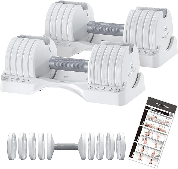 BYZOOM FITNESS Pure Series Adjustable Dumbbell – 12.5/25/27.5/75lb Single Unit OR Set of 2 – 5-in-1/ 10-in-1 / 21-in-1 Fle...