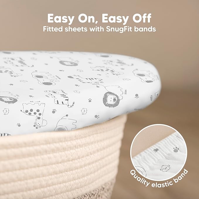 2-Pack Organic Bassinet Sheets for Girls, Boys - 100% Cotton Bassinet Mattress Sheets Compatible with Halo Bassinest Swivel Sleeper, Graco, Baby Delight, Chicco, Fitted Bassinet Sheets (KeaSafari)
