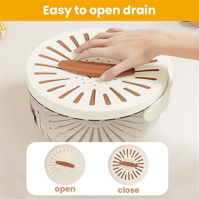 2 in 1 Draining and Preservation Basket, 2 in 1 Drainer and Strainer, Draining and Preservation Basket, Rotating Lid Mechanism, Multifunctional Fruit and Vegetable Washing Bowl (Brown, Small)