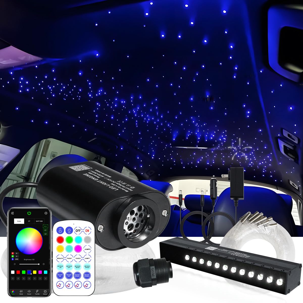 AZIMOM Mini 6W Fiber Optic Starlight Headliner + 180pcs Meteor Shooting Star, Black, Model QJ-L006, 9.8ft, Sound-Activated,