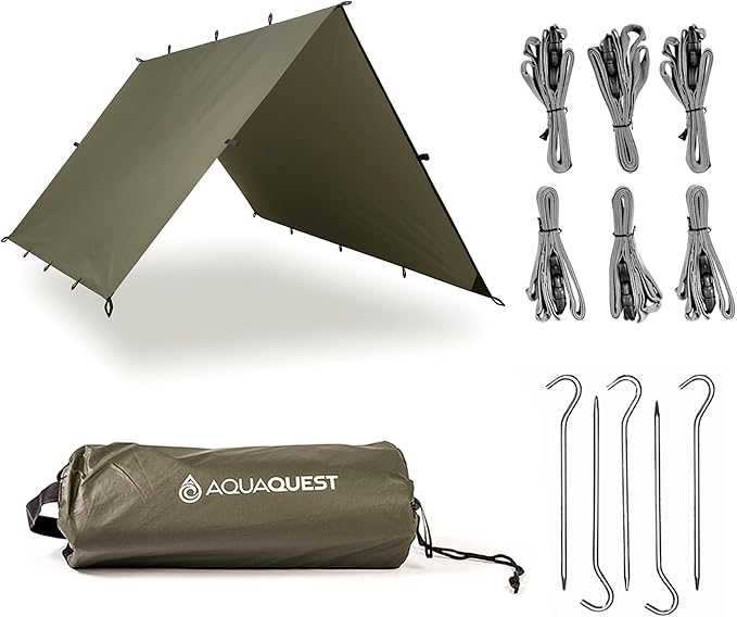 AquaQuest Defender Camping Tarp - Heavy Duty Tent Shelter or Rain Fly - Waterproof Camping Essentials for Hiking, Bushcraft & Hammock, 10 x 10 ft, Olive Drab Kit