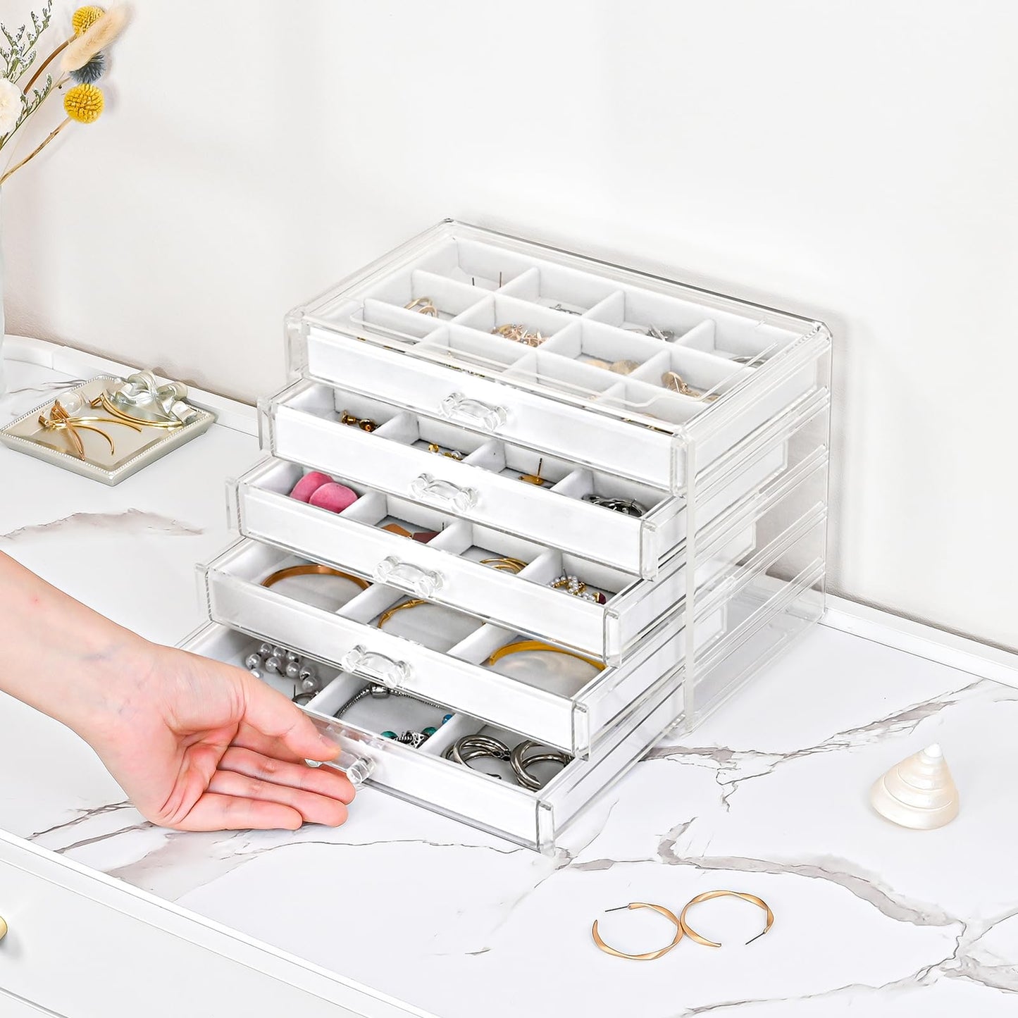ProCase Earring Holder Organizer Jewelry Box with 5 Drawers, Acrylic Clear Earring Case with Adjustable Velvet Trays for Women -