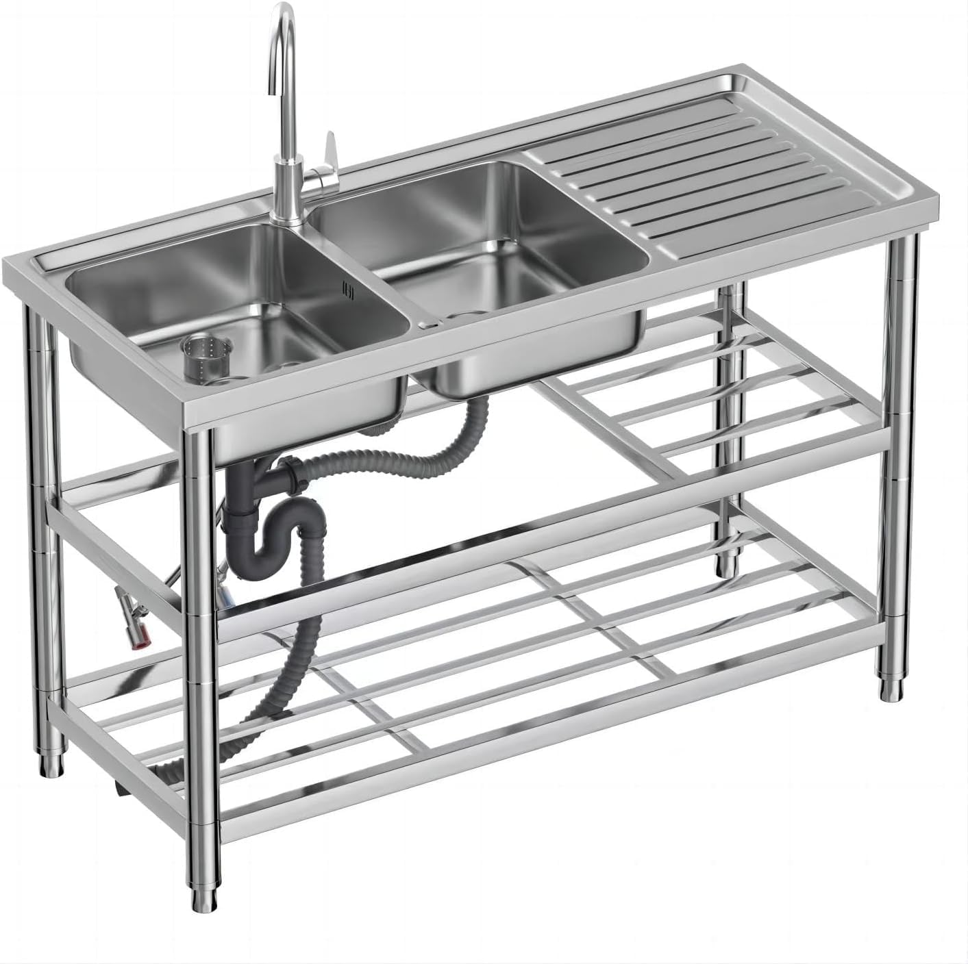Stainless Steel Double Bowl Utility Sink, 47.2x19.68x31.49 Inch Commercial Kitchen Sink with Workbench, Heavy-Duty Freestanding Design for Restaurants, Laundry, Outdoor Use