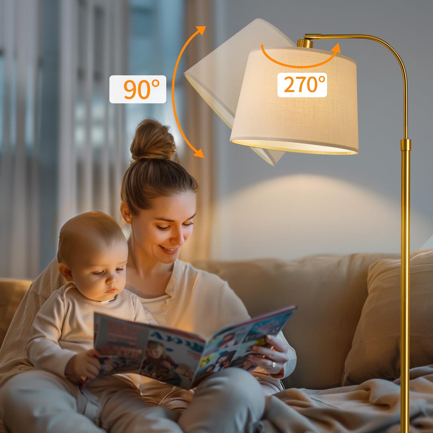 Oneach 62 Gold Arc Floor Lamp - Vintage Mid-Century Modern Metal Reading Light For Living Rooms, Bedrooms, And Offices - Model Amz-F2015-Gl