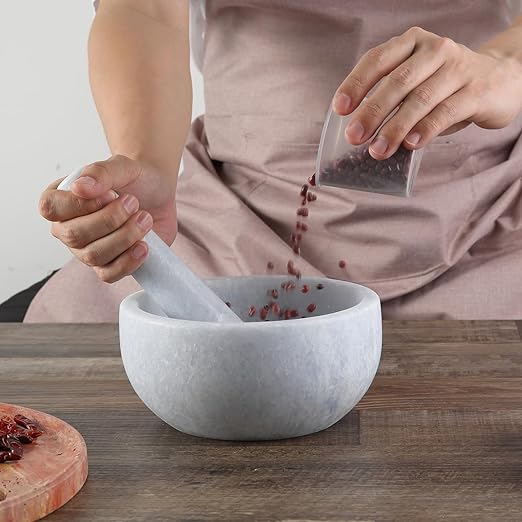 Koville Luxury Marble Mortar and Pestle Set, 7" -4 Cups Big Grinder Bowl for Guacamole, Salsa, Pill Crusher, Spice, Herb, Garlic, Nut, Heavy Duty Grinder for Kitchen(Namib Sky)