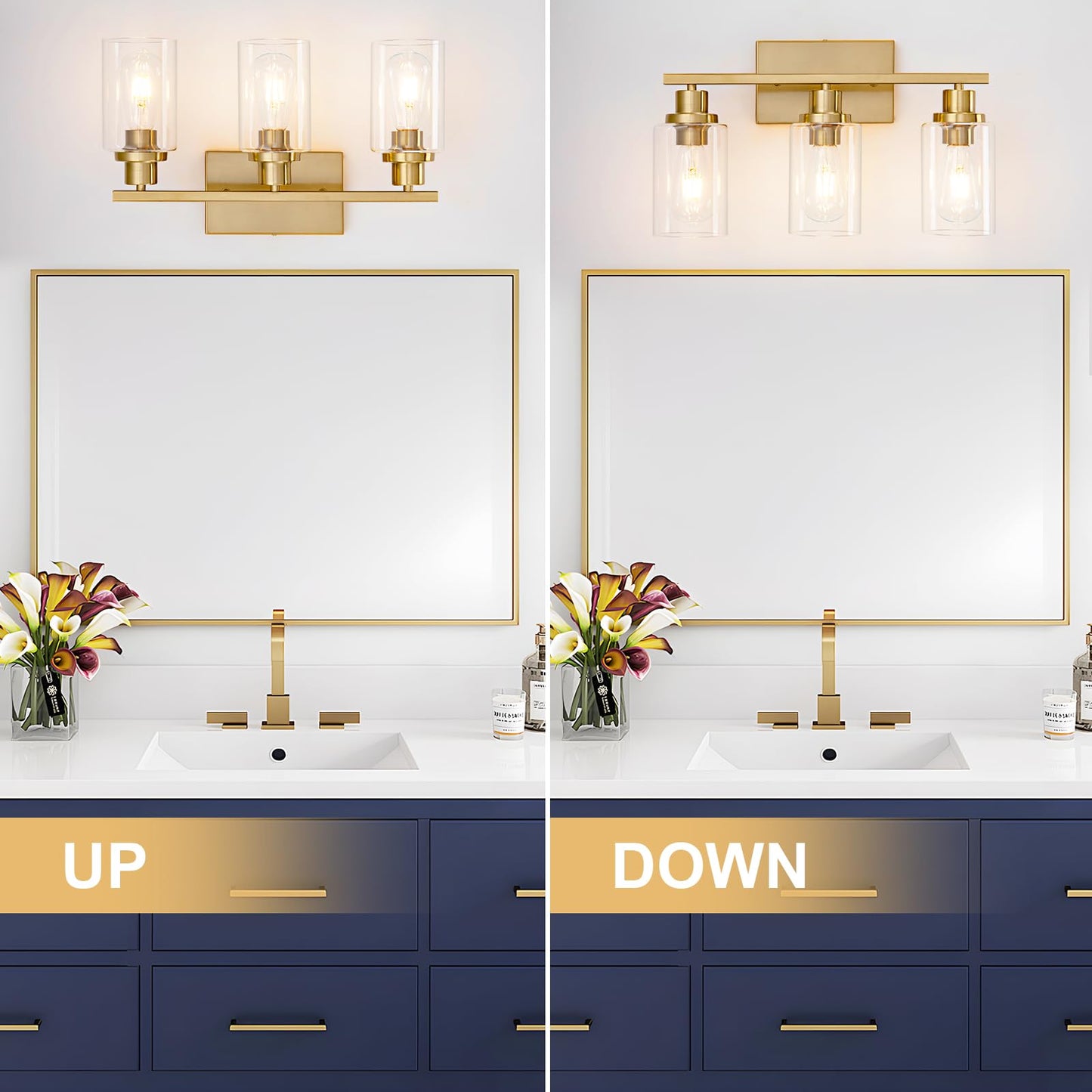 Hccz 3-Light Bathroom Vanity Light Fixture, Brushed Brass, Glass Shade, Model 800-100-1077, Modern Farmhouse Wall Sconce For Home