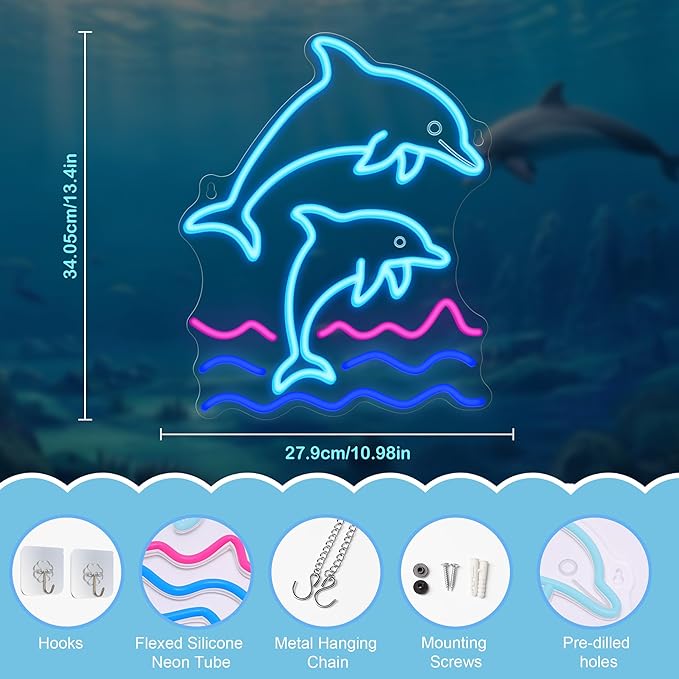 Dolphin Neon Sign, Dolphin Lamp Wall Decor, Dimmable Birthday Party Decorations for Home, Patio, Garden, Bars, Restaurants, Hotels, Stores, Clubs, Gift for Friends Family and Kids