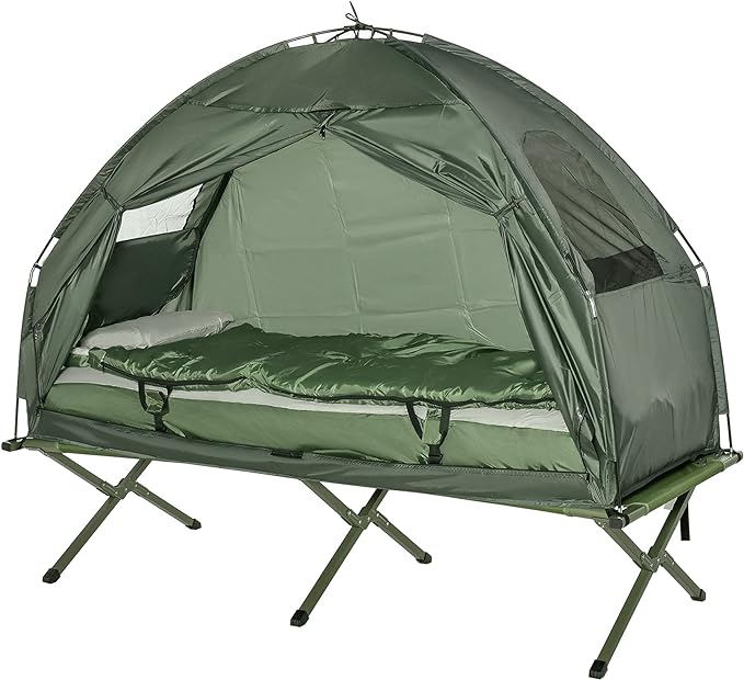 Outsunny Multifunctional Folding Camping Cots for Adults, Elevated Tent with Sleeping Bag, Thick Air Mattress Pad, Portable Single Sleeping Cot Camping Bed