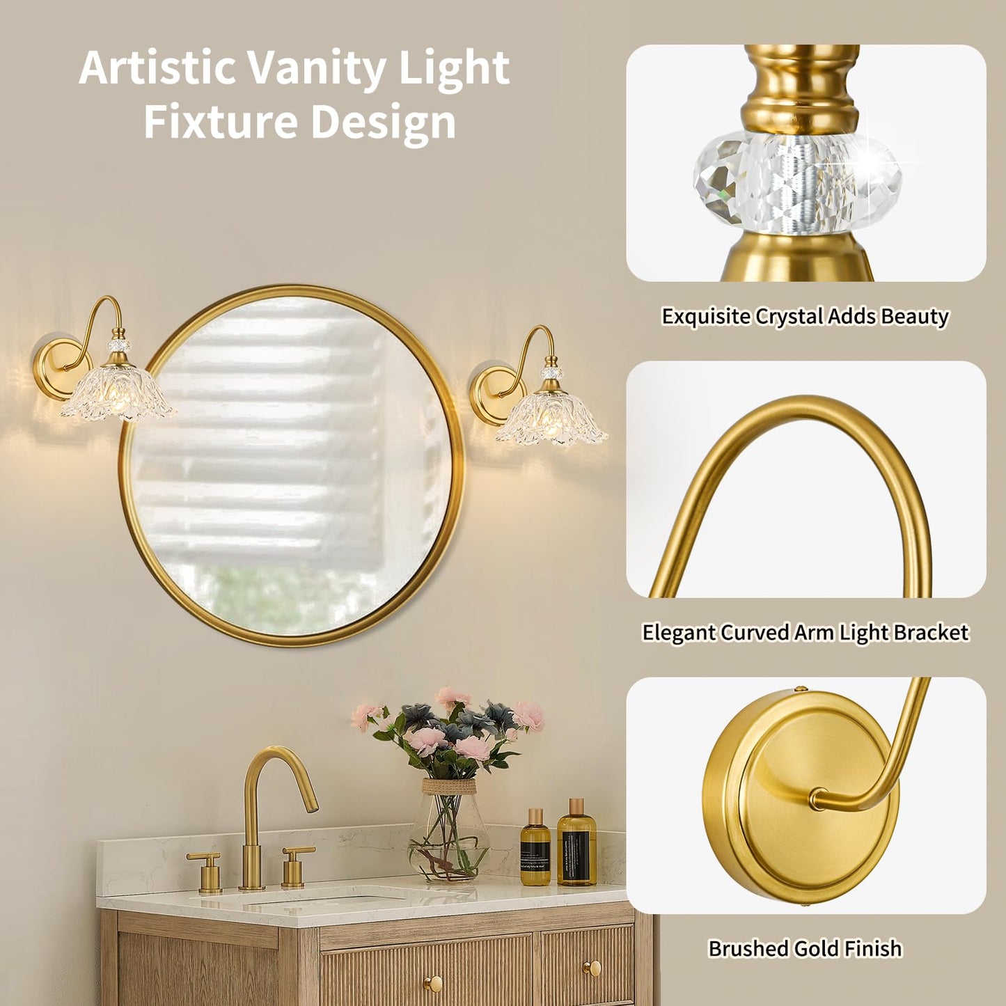 Sunkryster 1 Piece Gold Wall Sconce With Floral Clear Glass Shade  Brushed Gold Finish Wall Mount Lighting For Bathroom Vintage Bathroom Vanity Light Fixtures